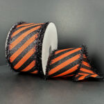 Orange & Glitter Black Diagonal Stripes w/ Black Fuzzy Edge Wired Ribbon - 2.5" x 10yds