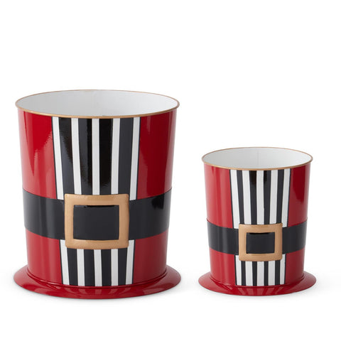 Nesting Metal Top Hat Buckets With Stripes - Black/White/Red - Set of 2