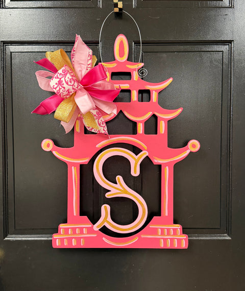**Pink Pagoda Door Hanger - LIKE PHOTO WITH INITIAL "S" NO CUSTOMIZATION!**