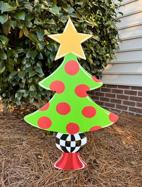 Christmas Tree - Gold Star and Checkered - Christmas Corrugated Coroplast Yard Stake