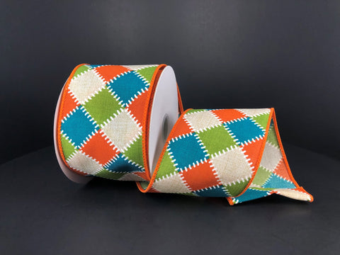 Teal, Moss & Orange Stitch Checks Wired Ribbon - 2.5" x 10yds