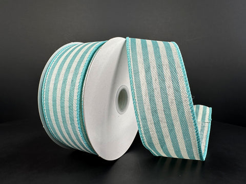 Aqua Linen w/ White Stripe Wired Ribbon - 1.5" x 10yds