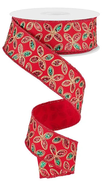 Red, Emerald & Gold Quatrefoil Petals Wired Ribbon - 1.5" x 100ft