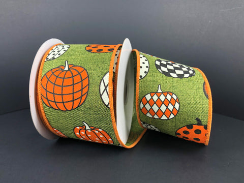 Patterned Pumpkins On Moss Wired Ribbon - 2.5" x 10yds