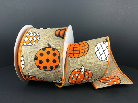Patterned Pumpkins On Natural Linen Wired Ribbon - 2.5" x 10yds