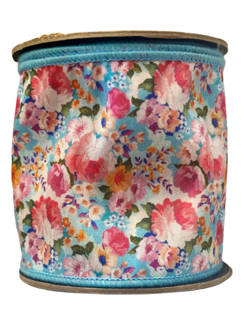 Floral w/ Light Blue Edge Wired Ribbon - 4" x 10yds