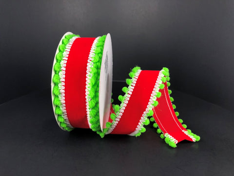 Red Velvet w/ Lime Green Fuzz Ball Edge - 1.5" x 10yds