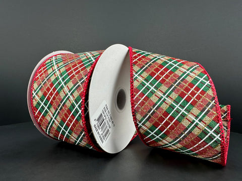 Red & Emerald Green Diagonal Plaid Wired Ribbon - 2.5" x 10yds