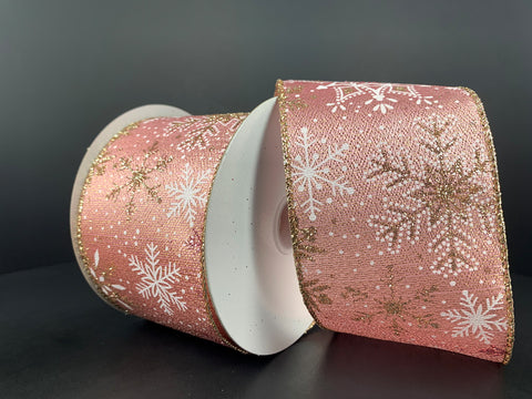 Rose Gold Metallic Pink Snowflake Wired Ribbon - 2.5" x 10yds