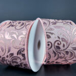 Pink Satin w. rose Embossed Swirls Wired Ribbon - 2.5" x 10yds