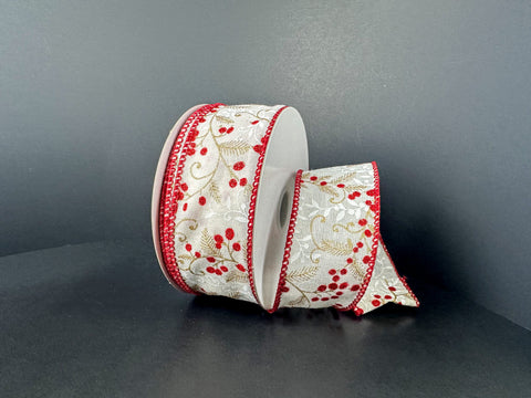 White Canvas w/ Holly Berries Wired Ribbon - 1.5" x 10yds