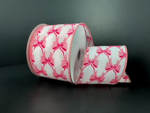 White Satin w/ Light Pink Bows Wired Ribbon - 2.5" x 10yds