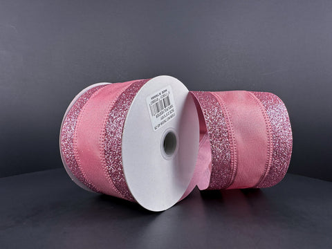 Pink Satin Stripe w/ Glitter Pink Edge Wired Ribbon - 2.5" x 10yds