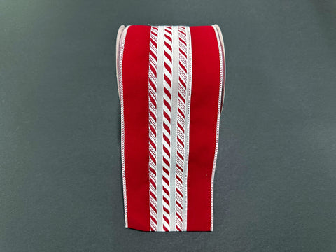 Candy Cane Cabana Stripes w/ Red Velvet Edge Wired Ribbon - 4" x 10yds