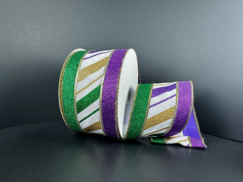 White Satin w/ Mardi Gras Stripes Wired Ribbon - 2.5" x 10yds
