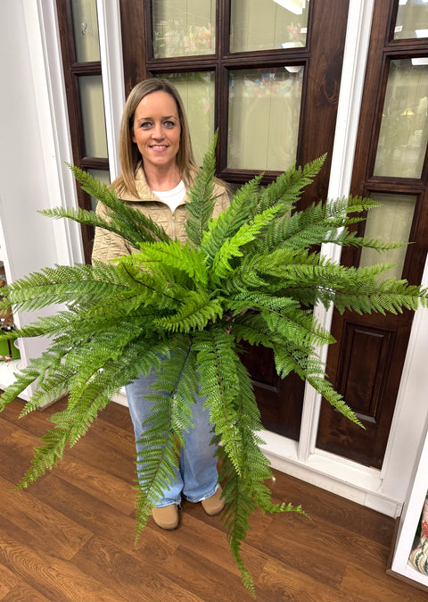 46" Leather Fern Bush 7 Stems, 37 Leaves - UV Protected - Green