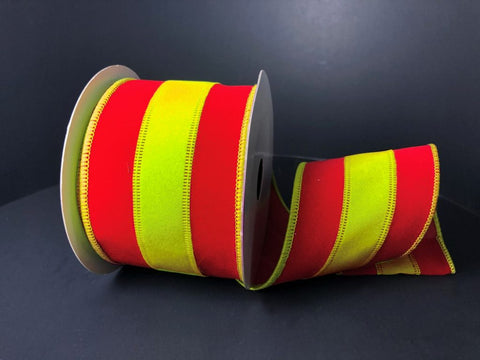 Red & Lime Velvet Striped Wired Ribbon - 2.5" x 10yds