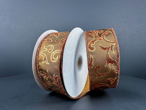 Brown Satin w/ Rust Glitter Swirls - 1.5" x 10yds