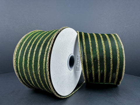 Dark Green Metallic Glitter Stripe Wired Ribbon - 2.5" x 10yds