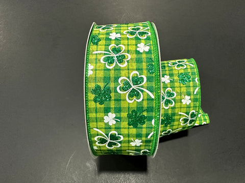 Green Plaid w/ Shamrocks Wired Ribbon - 2.5" x 50yds
