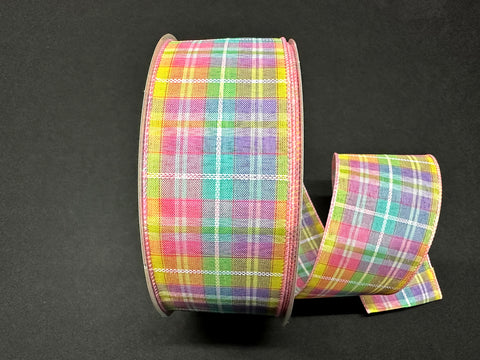 Pink, Aqua & Lavender Spring Plaid Wired Ribbon - 2.5" x 50yds