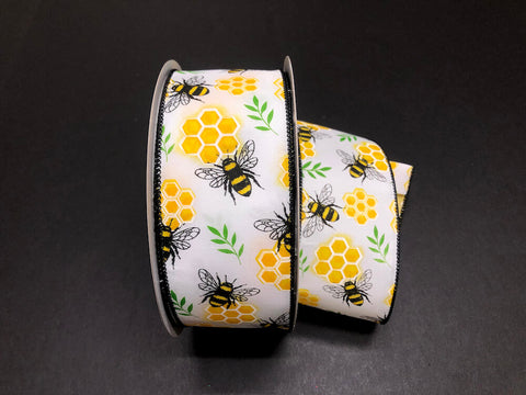 White Satin w/ Honeycomb Bee Wired Ribbon - 2.5" x 50yds
