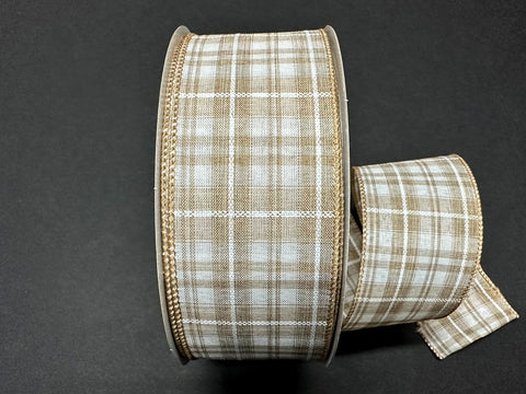 Tan & White Kennedy Plaid Wired Ribbon - 2.5" x 50yds