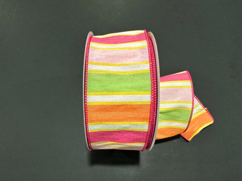 Pink, Yellow, Orange & Lime Stripes Dupioni Wired Ribbon - 2.5" x 25yds