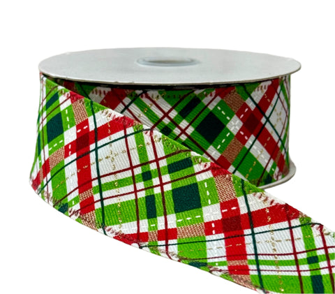 Linen Glitter Diagonal Plaid Wired Ribbon - 1.5" x 10yds