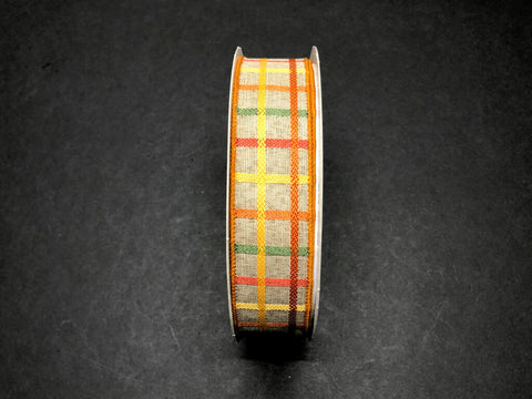 Orange, Yellow & Moss Woven Trellis Tan Wired Ribbon - 1.5" x 50yds