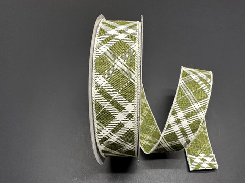 Moss Linen w/ Cream Hazel Diagonal Plaid Wired Ribbon - 1.5" x 50yds