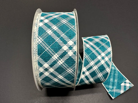Teal Linen w/ Cream Hazel Diagonal Plaid - 2.5" x 50yds
