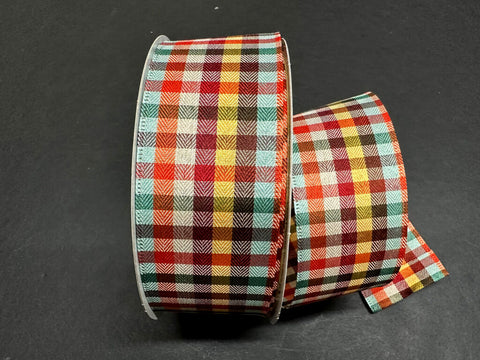 Burgundy, Yellow, Orange & Teal Plaid - 2.5" x 50yds