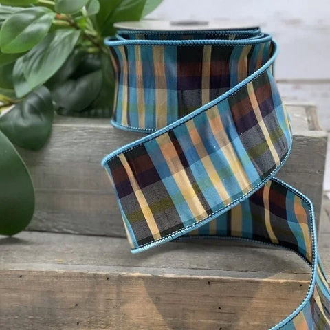Teal Dupion Plaid Wired Ribbon - 2.5" x 10yds