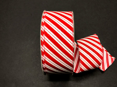 Red Satin w/ White Glitter candy Cane stripes - 2.5" x 50yds