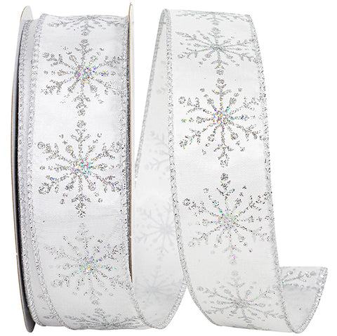 White & Silver Snowflake Stream Wired Ribbon - 1.5" x 25yds