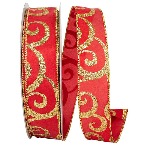 Red Satin w/ Gold Swirl Wired Ribbon - 1.5" x 50yds