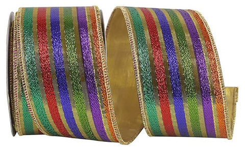 Jewel Tone Stripes w/ Gold Back Wired Ribbon - 2.5" x 10yds