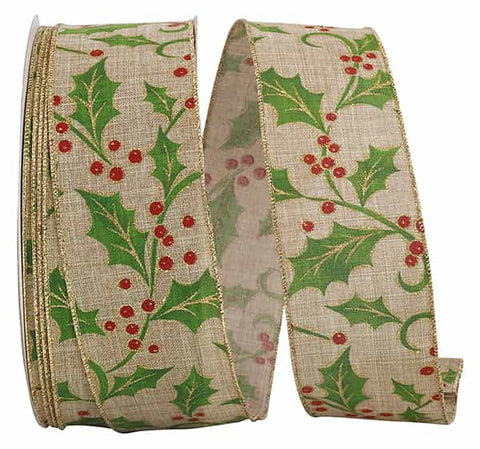 Holly Burlap Wired Ribbon -2.5" x 50yds