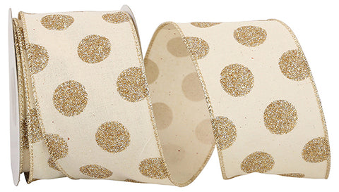 Large Champagne Glitter Dots On Cream Linen Wired Ribbon - 2.5" x 10yds