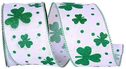 Green Glitter Clover Wired Ribbon - 2.5" x 10yds