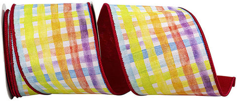 Watercolor Plaid w/ Red Backing Wired Ribbon - 4" x 10yds