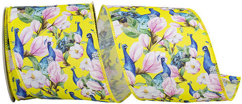 Peacock & Floral Wired Ribbon - 4" x 10yds