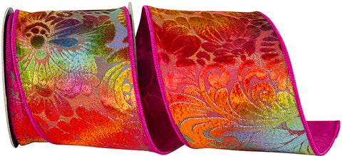Grand Floral Velvet w/ Pink Dupioni Back Wired Ribbon - 4" x 10yds