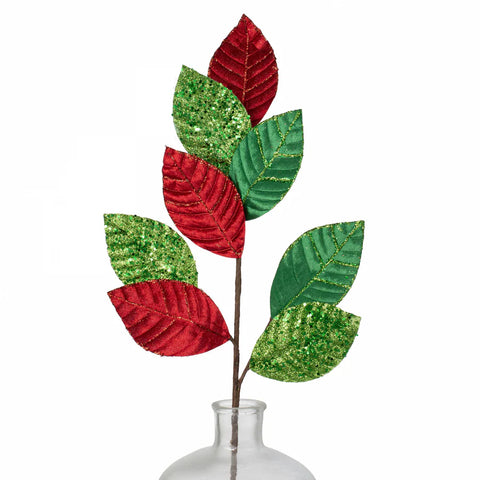 27" Velvet Sequined Leaves Spray - Red & Green
