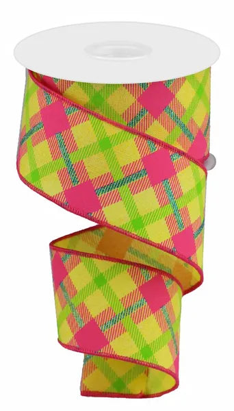 Yellow, Lime, Hot Pink & Blue Plaid Wired Ribbon - 2.5" x 10yds