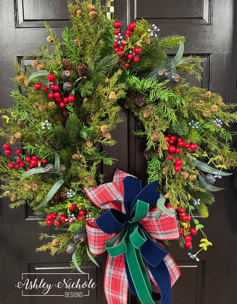 A Traditional Blue & Red Christmas Pine Wreath
