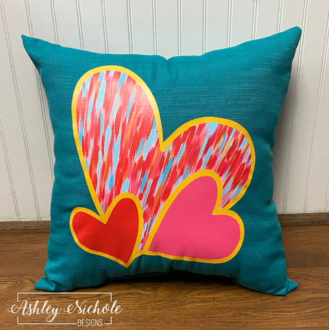 Custom Pillow - Abstract Colorful Triple Heart on Peacock Outdoor Fabric