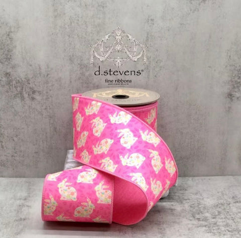 Pink Easter Floral Rabbit Wired Ribbon - 4” x 10yds