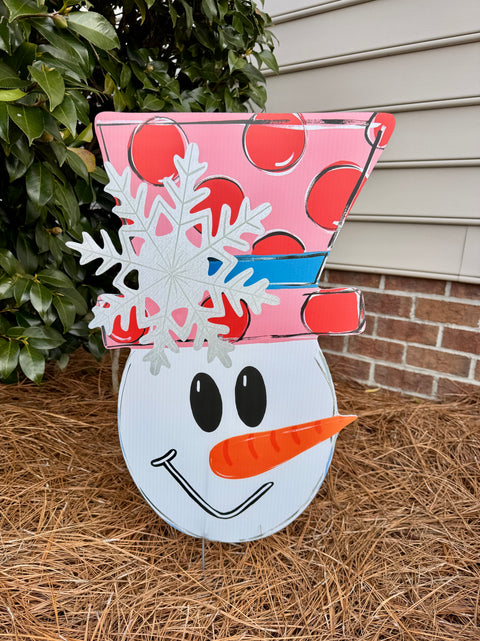 Large Hat Snowman (SNOWFLAKE) - Winter Valentine Corrugated Coroplast Yard Stake